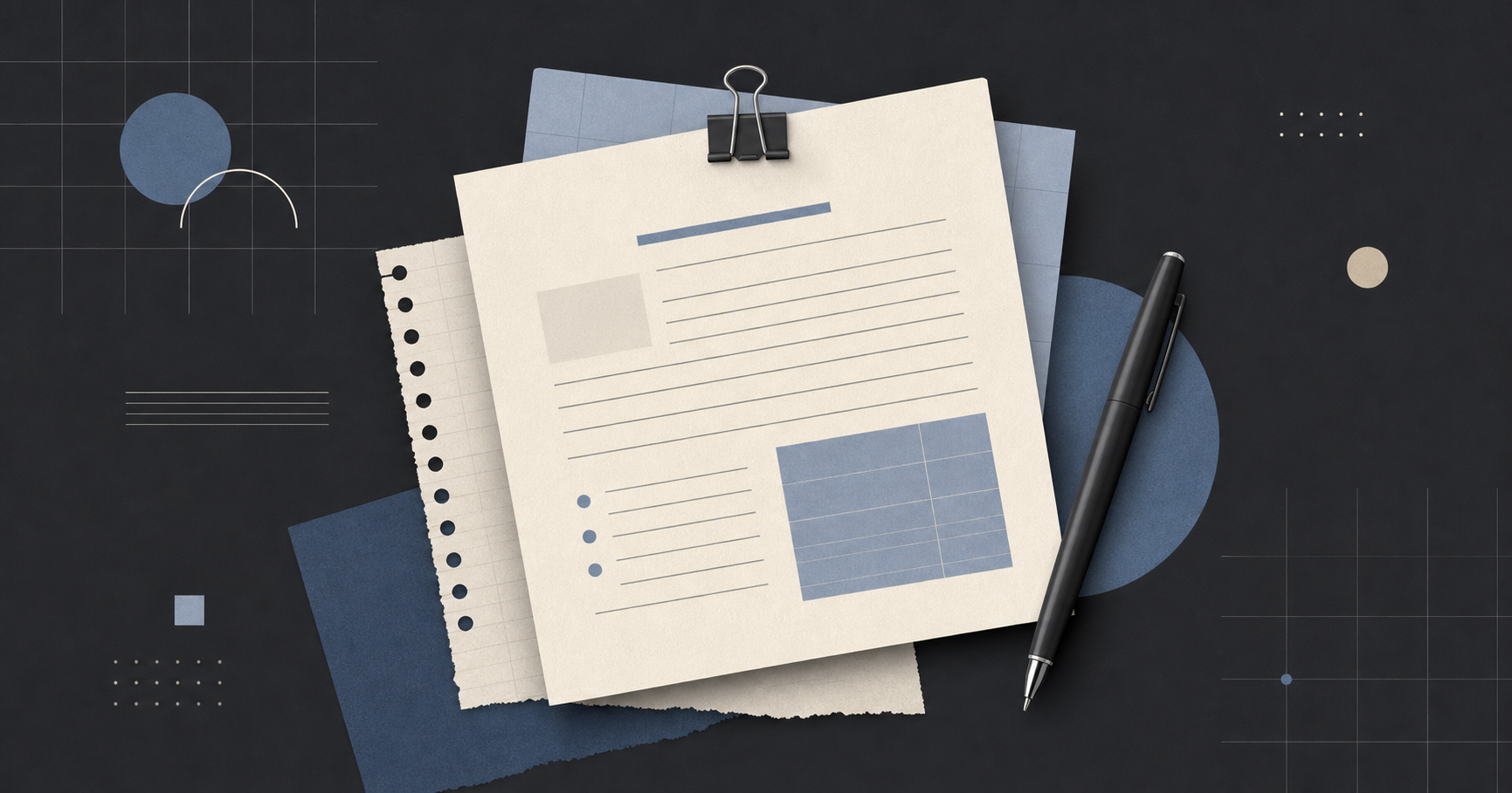 Abstract illustration of paper notes and a pen